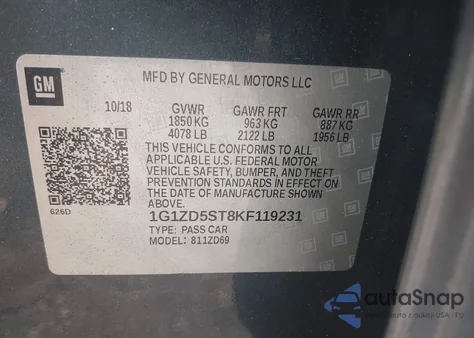 2019 Chevrolet Malibu Lt z USA, uszkodzony, nr VIN 1G1ZD5ST8KF119231